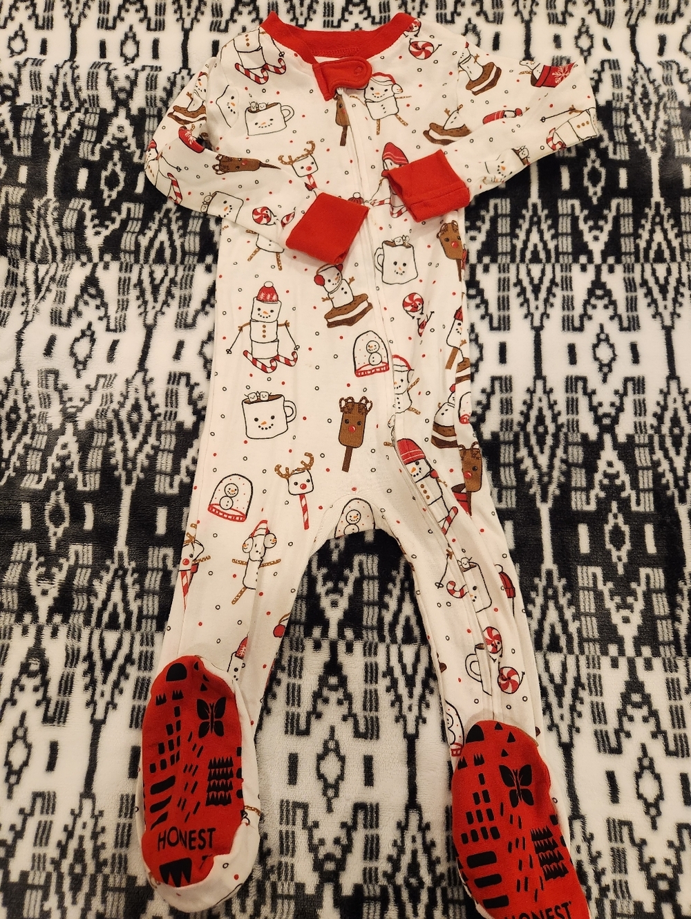 Honest Company Red & Cream Holiday Print Footed One-Piece, Size 24M